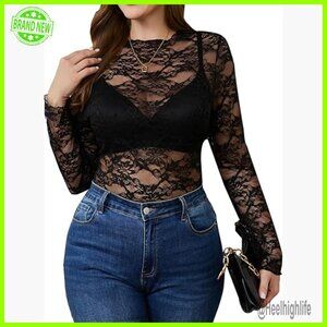 Plus Size Lace Long Sleeve Mock Neck Sheer Mesh Tee